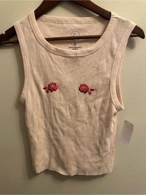 #37 Linden Pink Ribbed Tank with Red Rose Embroidery
